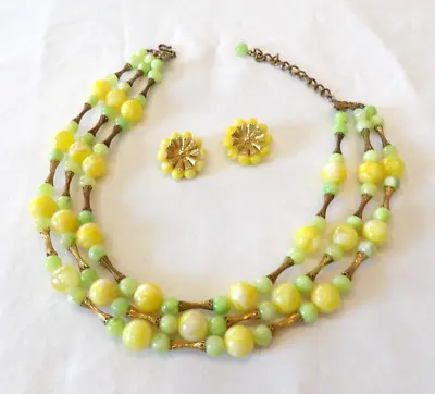 Vintage CORO Yellow & Green Bead & Gold Tone Necklace & Earrings Set • $14.99