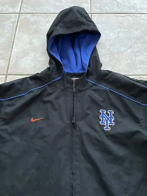 VINTAGE NIKE New York Mets Windbreaker Jacket YOUTH M Full Zip Black Hooded Coat • $38.99