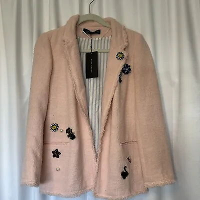 New NWT ZARA Woman PINK Boucle JACKET BLAZER Rhinestones Pearls Floral Whimsical • $69.99