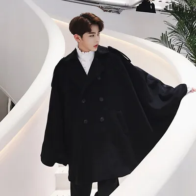 Mens Wool Blend Cloak Double Breasted Cape Jacket Loose Fit Nightclub Casual New • $81.45