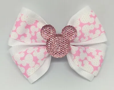 Girls Hair Bow 4  Wide Minnie Mouse White And Pink Barrette Clip Or Ponytail • $6.99