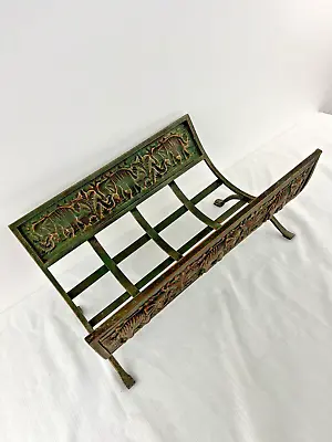 Vintage Indoor Fireplace Log Rack Holder W/ Molded Or Pressed Elephants Art • $99