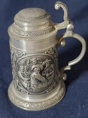 Vintage SKS Zinn 95% Pewter Lidded Mini Beer Stein - In Pub / Playing Card Theme • $22