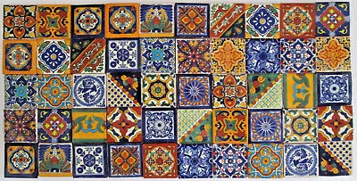 50 Pcs TALAVERA TILES 2 X 2  Mexican Clay Handmade Folk Art Mix Assorted Designs • $34