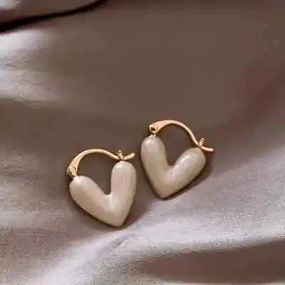 White Heart Earrings Drop Glaze Love Heart Earrings Pearly White Heart • £3.99