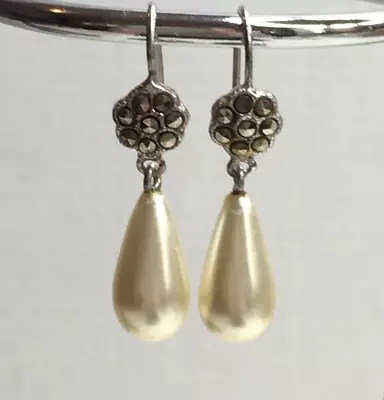 Vintage Sterling Silver 925 Marcasite Flower & Faux Pearl Dangle Earrings Retro • £12.99