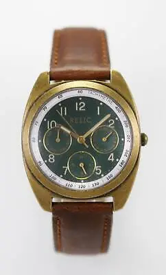 Relic Watch Mens Green Day Date Stainless Steel Gold Brown Leather Quartz • $29.94