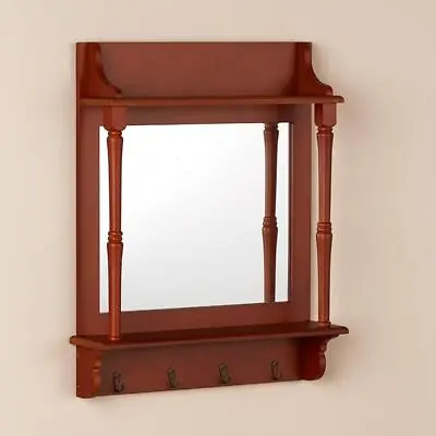 Farmhouse Walnut Spindle Legs Wall Organizer Mirror With Hooks And 2 Shelves • $58.99