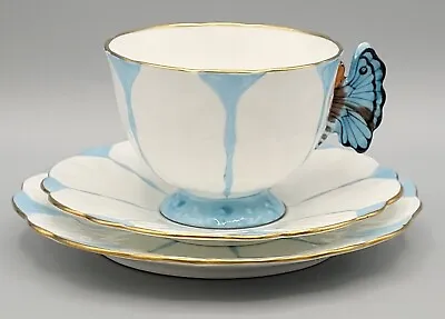 RARE ART DECO AYNSLEY BLUE BUTTERFLY HANDLE TEA  CUP & SAUCER  Trio 1930's A • £500