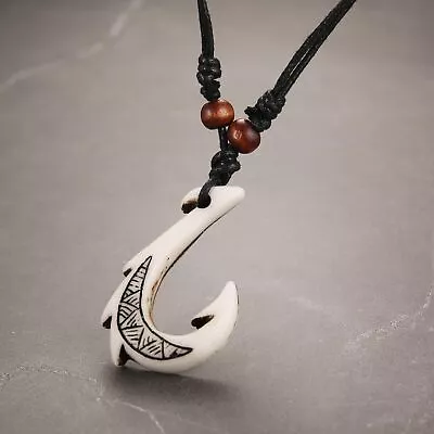 Fine Jewelry Hawaiian Fish Hook Pendant Hemp Cord Chain Maori Tribal Necklace • $28.40