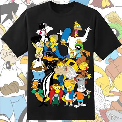 Looney Tunes Simpsons Crossover 90s Black T Shirt Bugs Bunny Bart Homer • £19.99