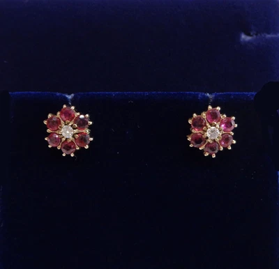 £450 • Buy Ruby And Diamond Cluster Stud Earrings 18ct Yellow Gold - Diameter 9 Mm