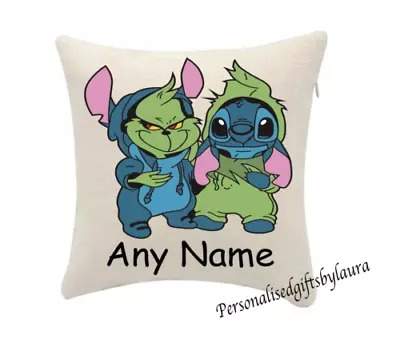 Stitch Lilo Grinch Cushion Cover Personalise Any Name (cover Only) 20cmx20cm • £5.99