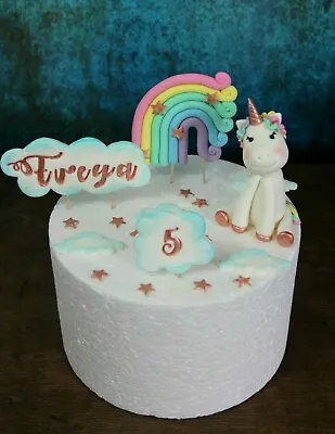 Unicorn Rainbow Clouds Name Age Stars Rose Gold Edible Handmade Cake Topper • £24.99