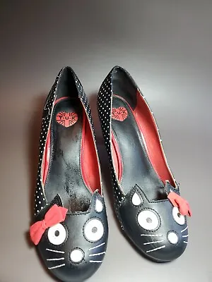 T.u.k Black White Polka DOT Kitty Cat Heel Shoes Size 8 Rockabilly Retro Cute • $37