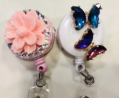 For 2 ( TWO ) RN Nurse ID Reels Badge Holders Crystal Flower & Butterflies • $11.99