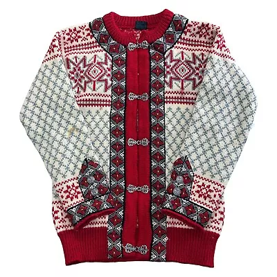 Dale Of Norway Wool Knit Cardigan Fair Isle Patterned Red Sweater Mens XS • £49.99