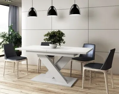 Extendable Dining Table White Rectangular 140-180cm X Leg Seats 6-10 Large Ron • £304.95