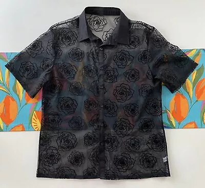 Men's Black Lace Floral Mesh See Through Size L Short Sleeve Button Up Shirt • $39.99