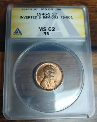 1946-S FS-501 Wheat Cent / Penny ANACS MS62RB Inverted Mint Mark! • $174.99