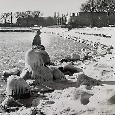 Vintage B&W Press Photograph The Little Mermaid Statue Snow Copenhagen Denmark • $24.95