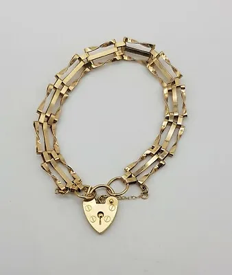 Vintage 1970s 9ct Gold 3 Bar Gate Bracelet With Heart Clasp And Safety Chain. • $677.55