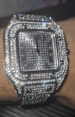Mens Luxury Diamond Watch Iced Out Stainless Steel VVS Quality Silver Wristwatch • £125