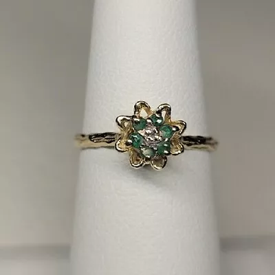 Vintage Emerald And Diamond Flower Design 10k Yellow Gold Ring Size 6 • $140