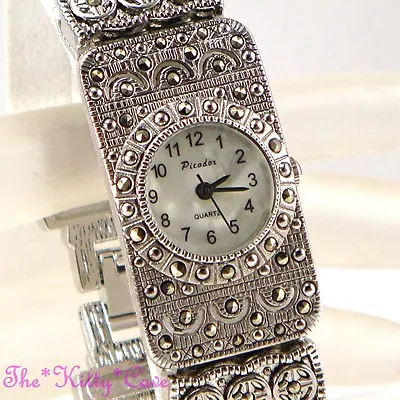 Silver Chic Victorian Deco Baroque Gothic Regency Marcasite Chain Bracelet Watch • $43.99