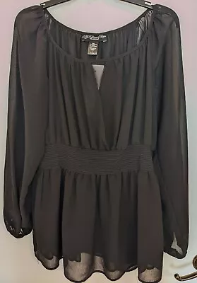 COLLEEN LOPEZ My Favorite Things SZ L Black Long Sleeve Blouse Smocked Waist NWT • $25