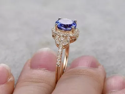 2Ct Lab Created Blue Tanzanite Round Cut Halo Women Ring 14K Gold Plated Silver • $104.71