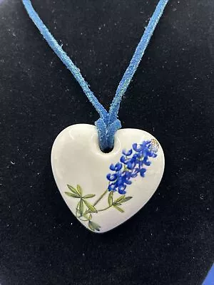 Bluebonnet Handmade Ceramic Pendant 1-3/4” With 29” Leather Cord Necklace C9 • $19.80