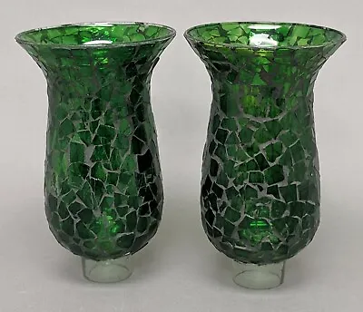 Glass Hurricane Shades Green Mosaic For Candle Holders 4.5 Dia X 8 Tall Set/2 • $13.96