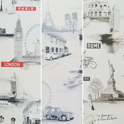 £9.99 • Buy Galerie City Landmark Wallpaper London Rome New York Paris Silver Red White