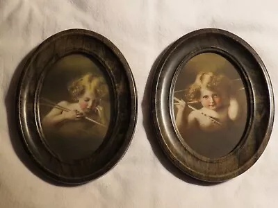 Antique Oval Pair Cupid Awake & Cupid Asleep Prints In 7 X 9 Metal Oval Frames • $26.99