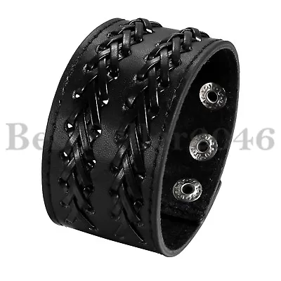 Mens Leather Braided Bracelet Wide Cuff Bangle Gothic Punk Wristband Adjustable • $8.99