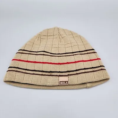 Bula Beanie Hat Tan Brown Red Black Stripe Unisex Warm Winter Outdoor Polartech • $7.99