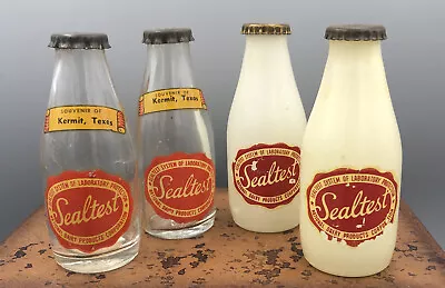 Vintage Sealtest Dairy Salt Pepper Shakers 2 Set Clear White Texas Milk Bottles • $45