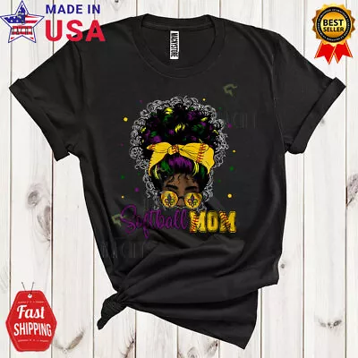 Softball African Mom Mardi Gras Messy Bun Hair Woman Black Family T-Shirt • $14.36