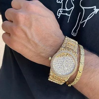 Men's Nugget Watch Iced Simulated CZ Gold Plated W/Bracelet Hip Hop Jewelry Set • $39.99