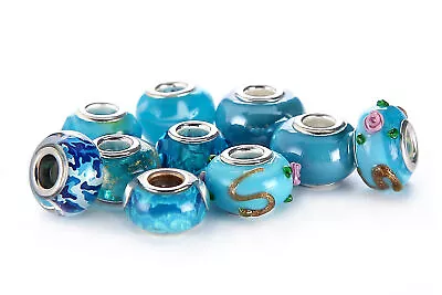 Mix Silver Plate Aquamarine Theme Murano Lampwork European Glass Crystal Beads • $7.49