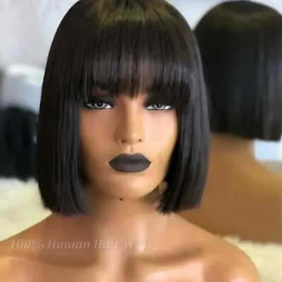 Straight Short Bob Wigs With Bangs Remy Human Hair Scalp Top L Lace Full Wigs US • $51.80