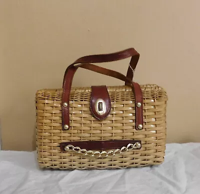 Vintage Wicker Woven With Leather Handle Brass Hardware Adorable Purse • $19.99