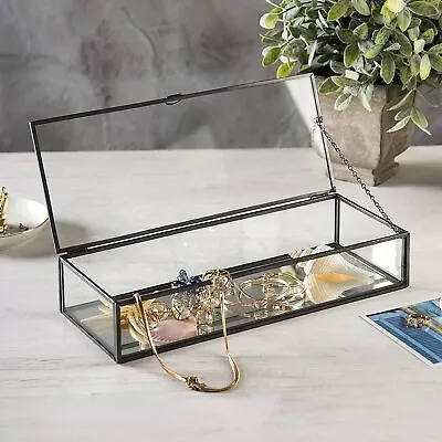 Vintage Black Metal & Clear Glass Jewelry Display Shadow Box W/ Hinged Top Lid • $35.99