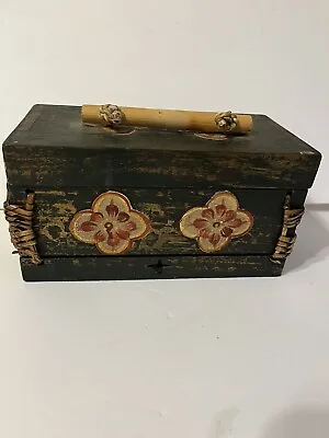 Distressed Wooden Box Handpainted With Bamboo Handle • $13