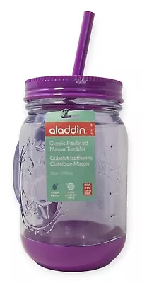 Aladdin 16oz Clear Insulated Classic Mason Jar Tumbler With Purple Lid & Straw • $15