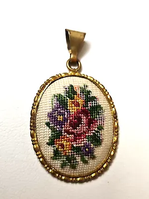 Vintage Gold Tone Petit Point Cross Stitch Floral Cameo Pendant • $20