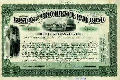 Boston And Providence Rail Road Corporation Issued To John Gardner Coolidge - St • $70