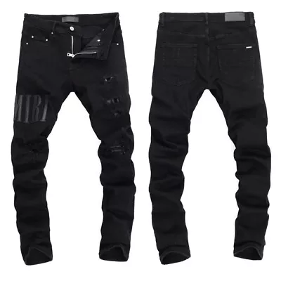 Men's Punk Ripped Elastic Slim Fit Jeans， Retro Classic High Quality Black Pants • $58.56