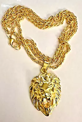 Gold-Tone Lion Head Pendant Fashion Necklace Clear Rhinestone In Mouth 23  Chain • $20